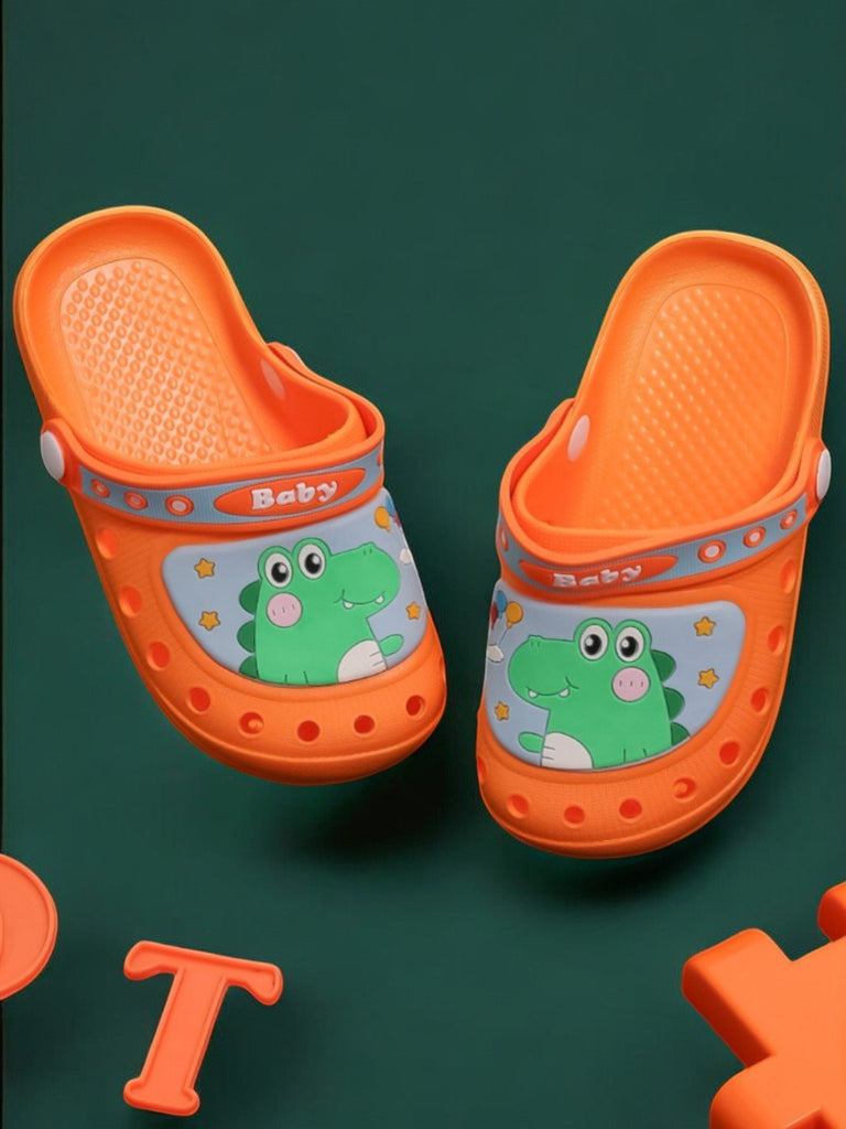 Bright Orange Kids Clogs Featuring a Cute Crocodile Design with Secure Heel Strap creative view