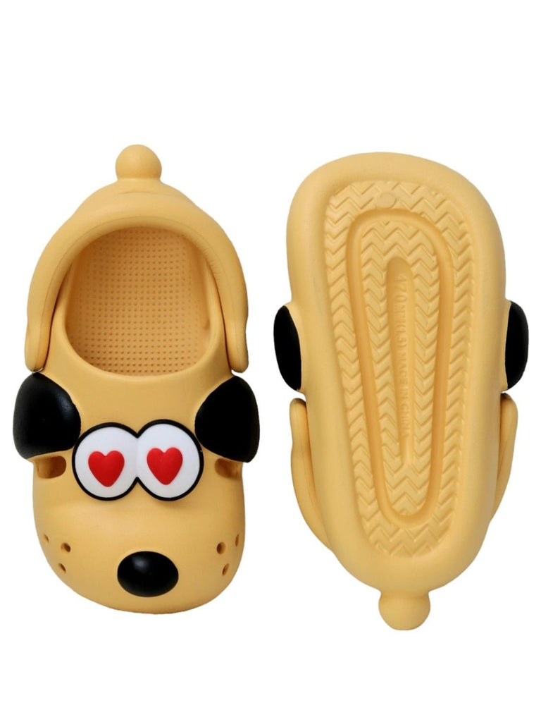 Front and back view of Yellow Bee's Bright Yellow Puppy Love Clogs highlighting the heart-shaped eyes and anti-skid sole.