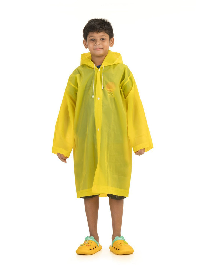 Bright yellow waterproof raincoat for boys, front view, with hood.