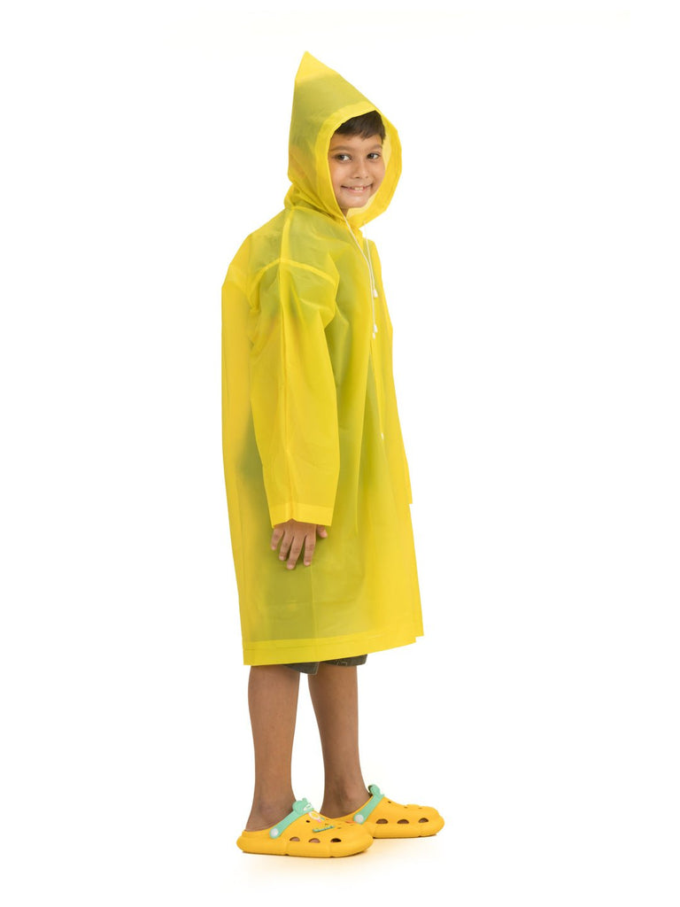 Bright yellow waterproof raincoat for boys, side view, with hood.