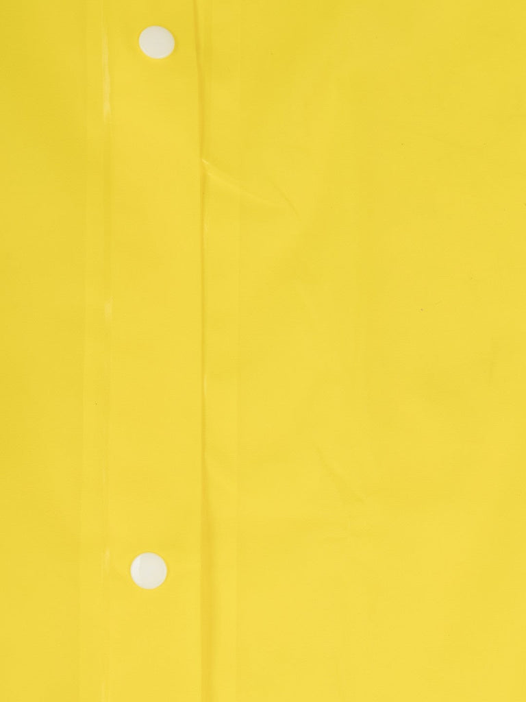 Detailed view of the button closure on the bright yellow waterproof raincoat for boys.