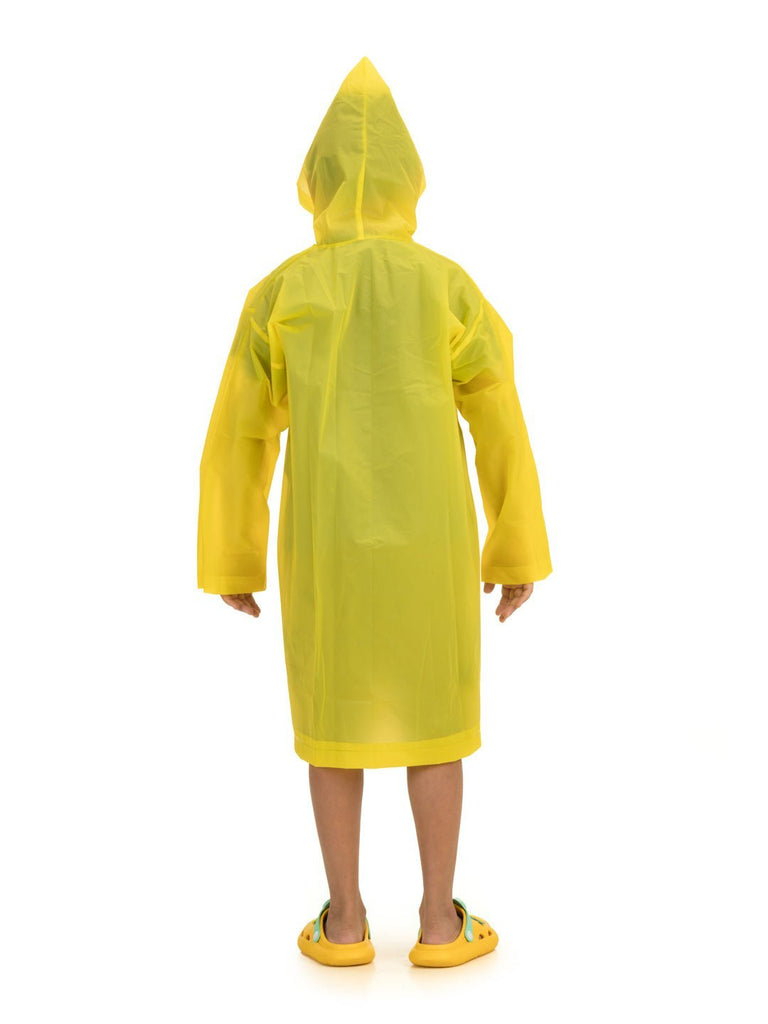 Bright yellow waterproof raincoat for boys, back view, with hood.