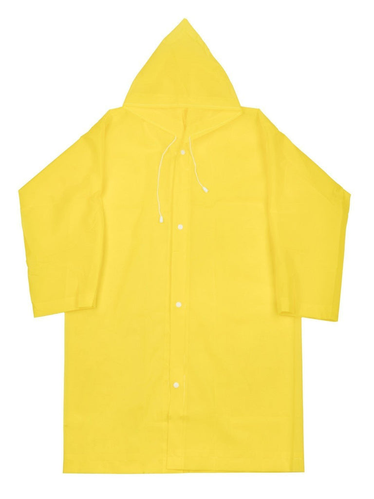 Bright yellow waterproof raincoat for boys, front view, with hood.