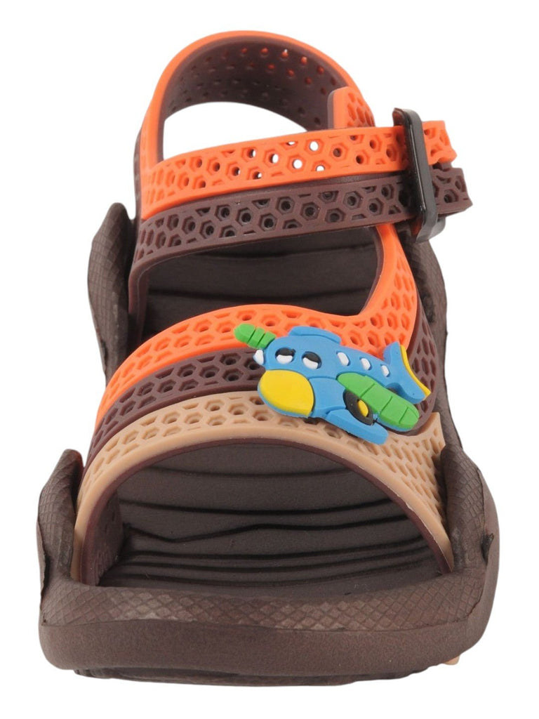 Brown and Orange Airplane Adjustable Strap Sandals For Boys Close up View.