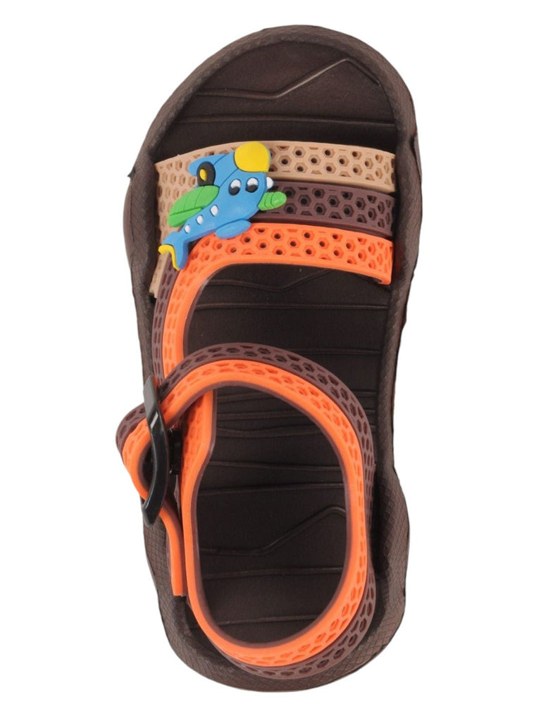 Brown and Orange Airplane Adjustable Strap Sandals For Boys Top View.