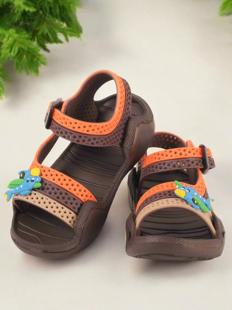 Brown and Orange Airplane Adjustable Strap Sandals For Boys Full View.