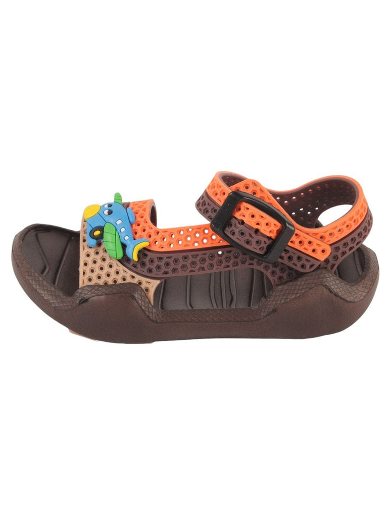 Brown and Orange Airplane Adjustable Strap Sandals For Boys Side View.