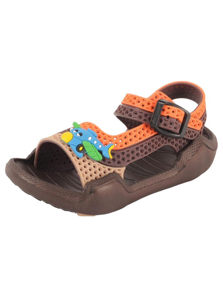 Brown and Orange Airplane Adjustable Strap Sandals For Boys Angle View.