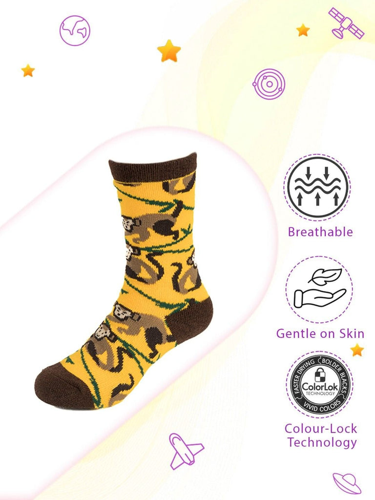 Detailed view of Yellow Bee Brown and Yellow Jungle Animal Socks showcasing the intricate monkey and snake patterns.