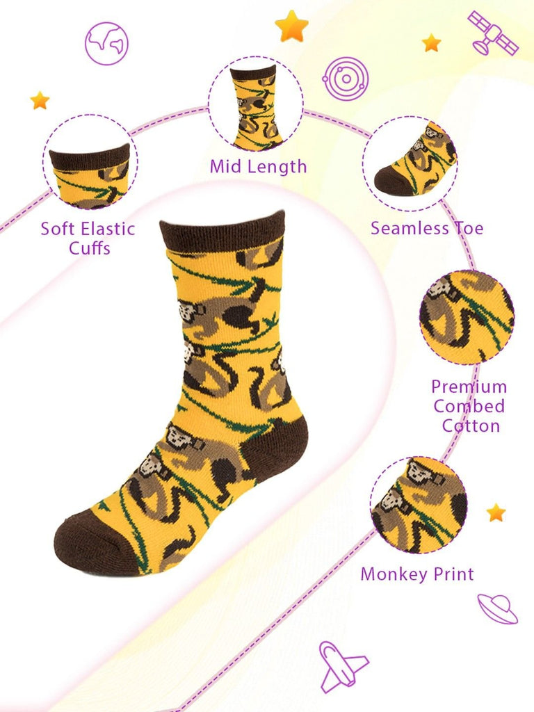 Infographic view of Yellow Bee Brown and Yellow Jungle Animal Socks for Boys highlighting features like seamless toe, soft elastic cuffs, and premium combed cotton.