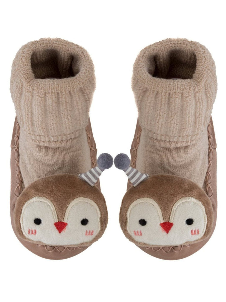 Brown Baby Moccasin Socks with Cute Owl Design – Top View