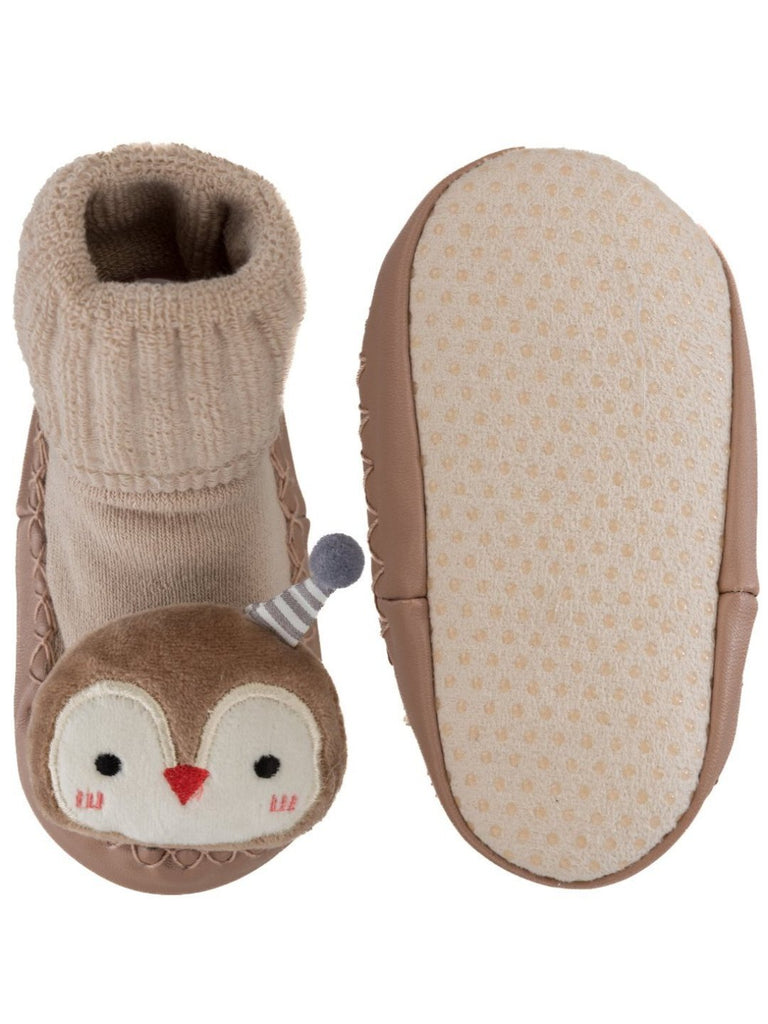 Brown Baby Moccasin Socks with Cute Owl Design – Front and Back View