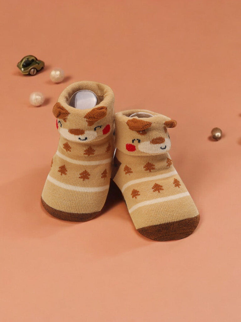 Creative view of Brown Reindeer Baby Socks – Cozy and Festive Design by Yellow Bee