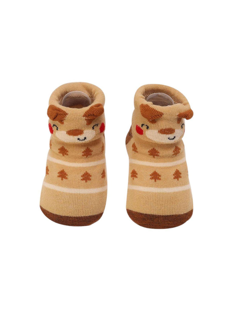 Front view of Brown Reindeer Baby Socks – Cozy and Festive Design by Yellow Bee