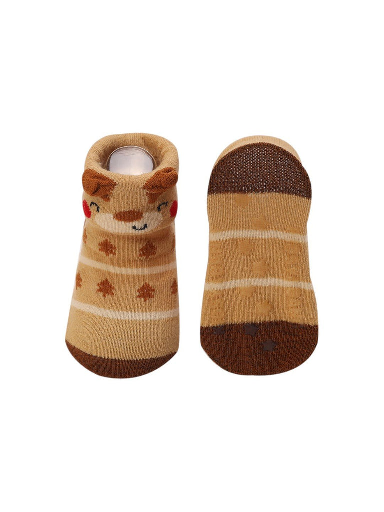 Front and back view of Brown Reindeer Baby Socks – Cozy and Festive Design by Yellow Bee