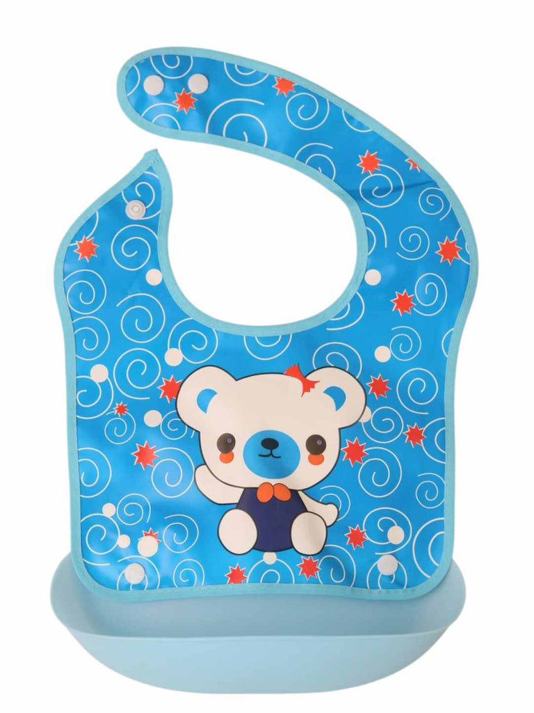 BubblyBearBabyBib_BlueWaterproofBibwithPlayfulBear_SpillCatcher-FrontView