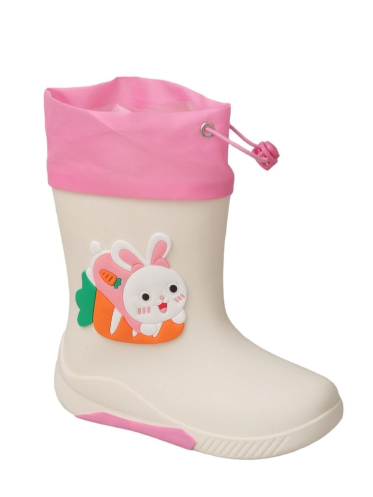 Side angle view of the Bunny Cheerful White Rain Boots highlighting the non-slip sole and cute bunny motif.