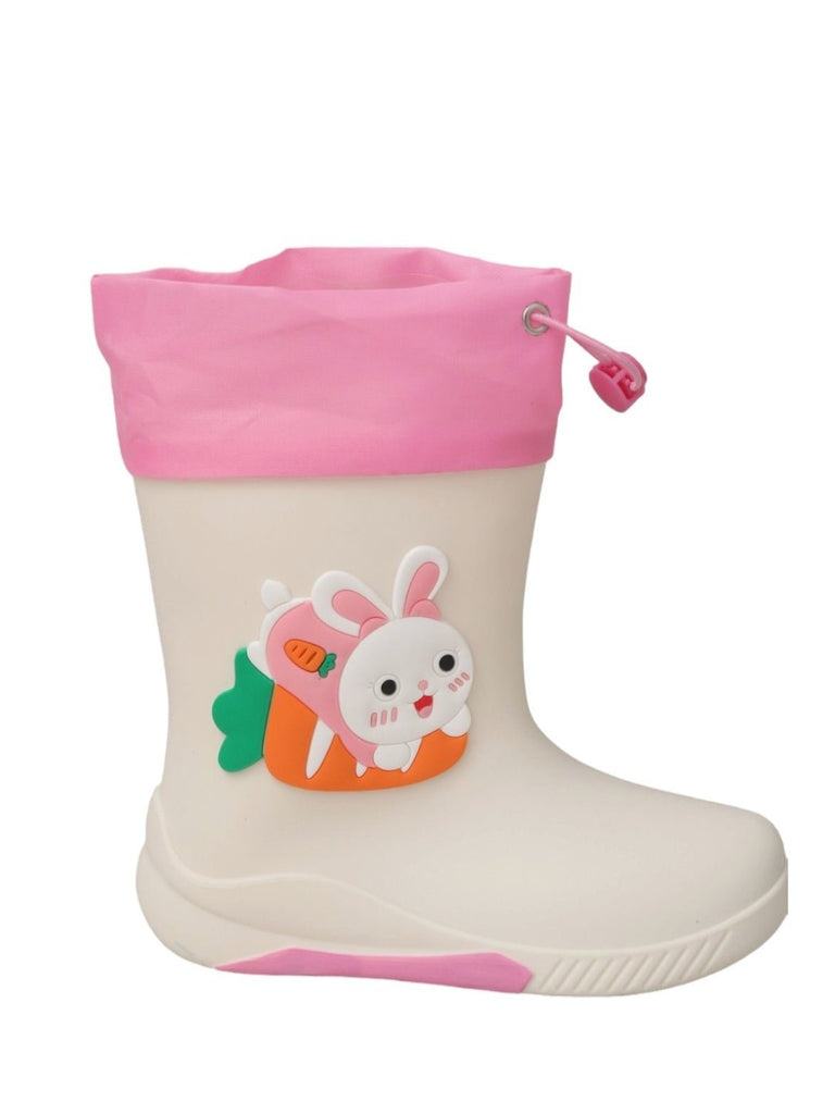 Side view of Bunny Cheerful White Rain Boots for Girls, showcasing the pink details and bunny applique.