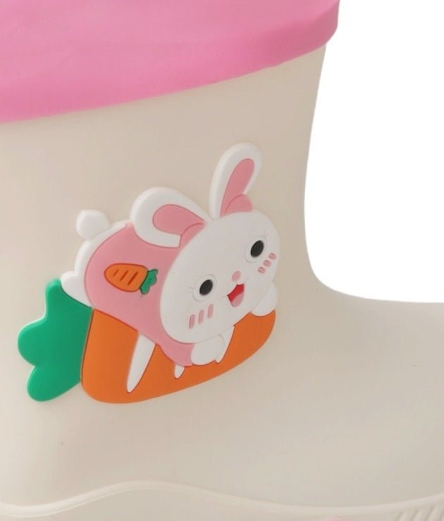 Close-up view of Bunny Cheerful White Rain Boots for Girls with detailed bunny design.