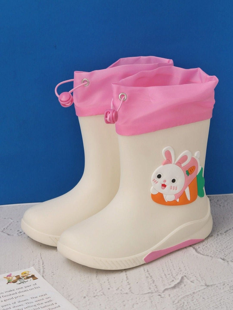 Creative display of Bunny Cheerful White Rain Boots for Girls by Yellow Bee.