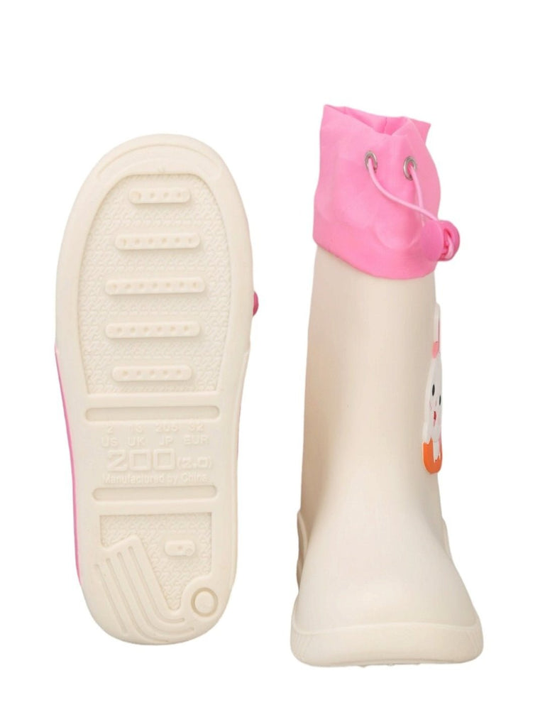 Front view of Bunny Cheerful White Rain Boots showing the pink trim and bunny design.