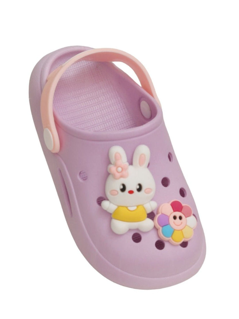 Angle view of Bunny Delight Purple Clogs for girls with comfort strap by Yellow Bee