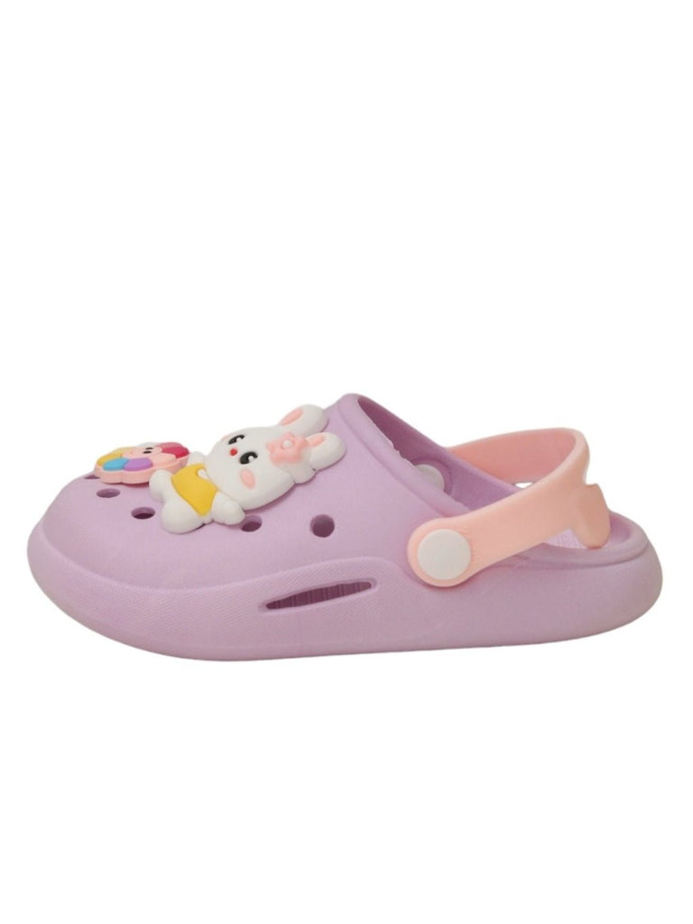 Side view of Bunny Delight Purple Clogs for girls, emphasizing the adjustable comfort strap