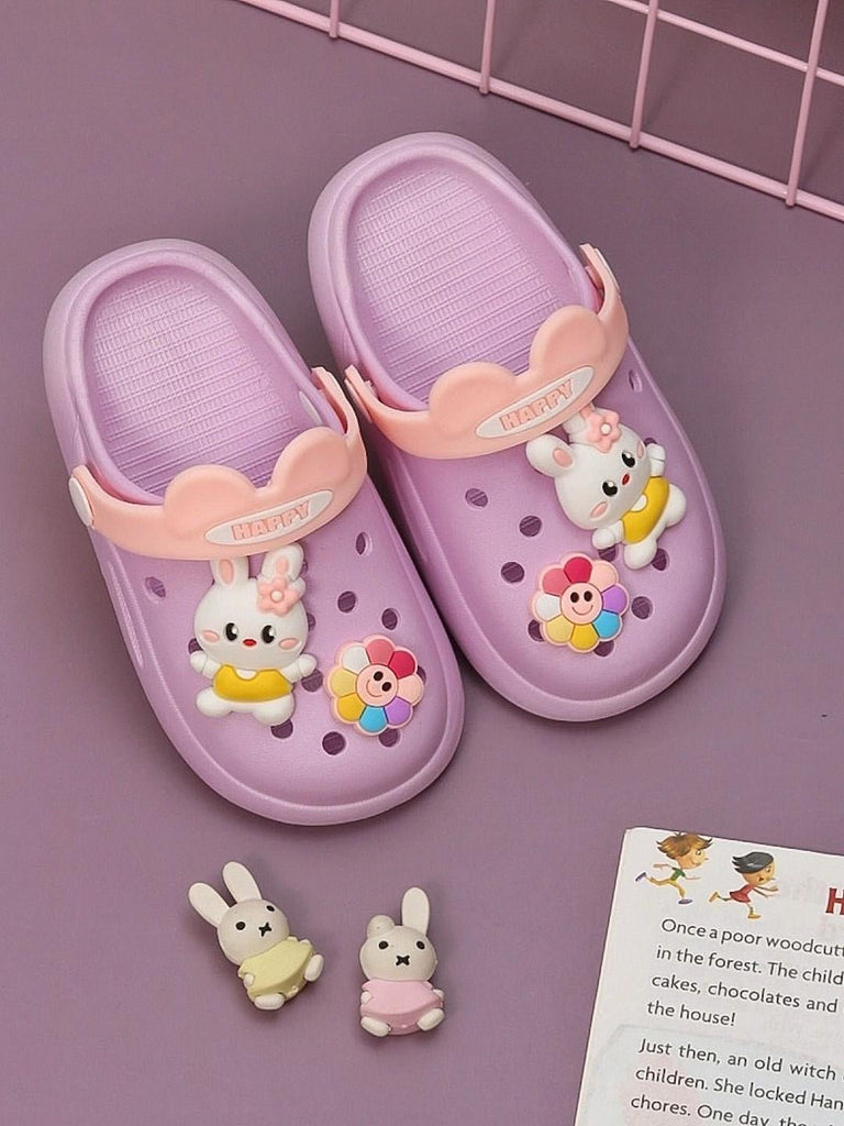 Creative display of Bunny Delight Purple Clogs for girls by Yellow Bee