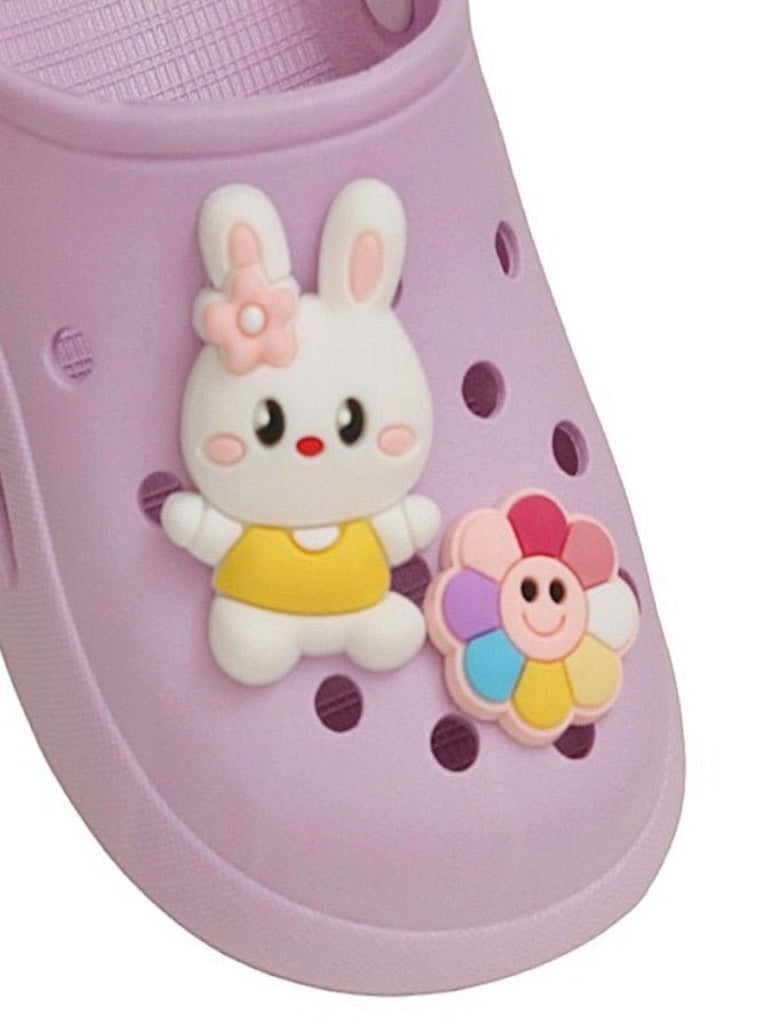 Close-up view of Bunny Delight Purple Clogs showing intricate details and vibrant colors