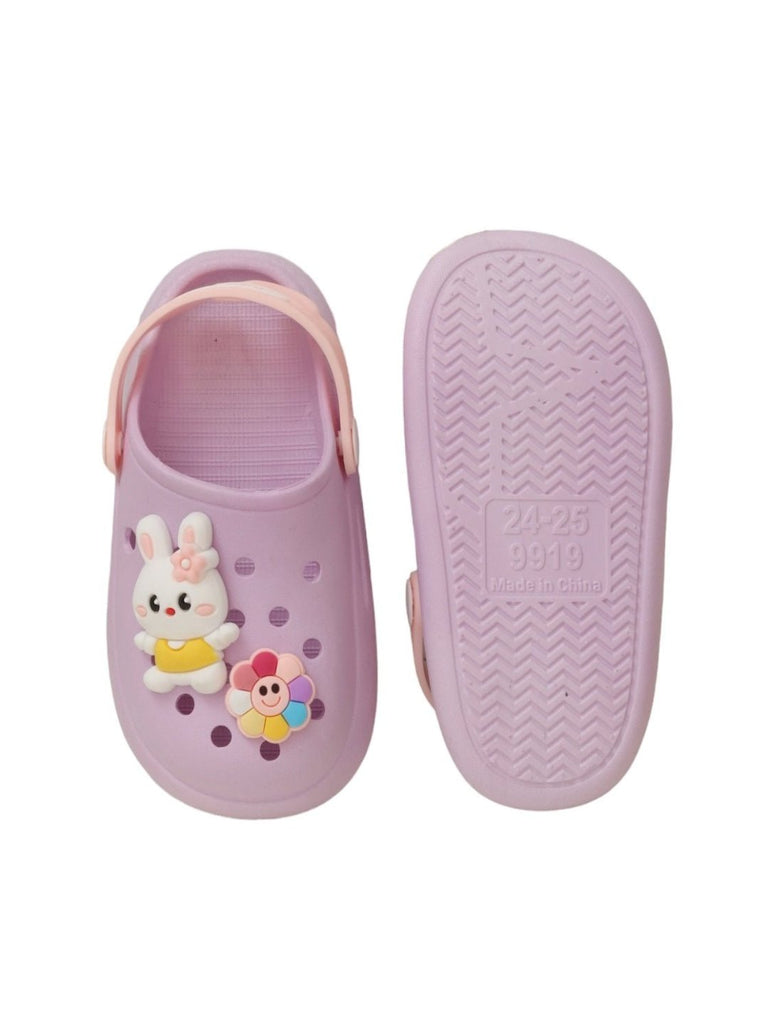 Front and back view of Bunny Delight Purple Clogs, showcasing the comfortable design and bunny motif