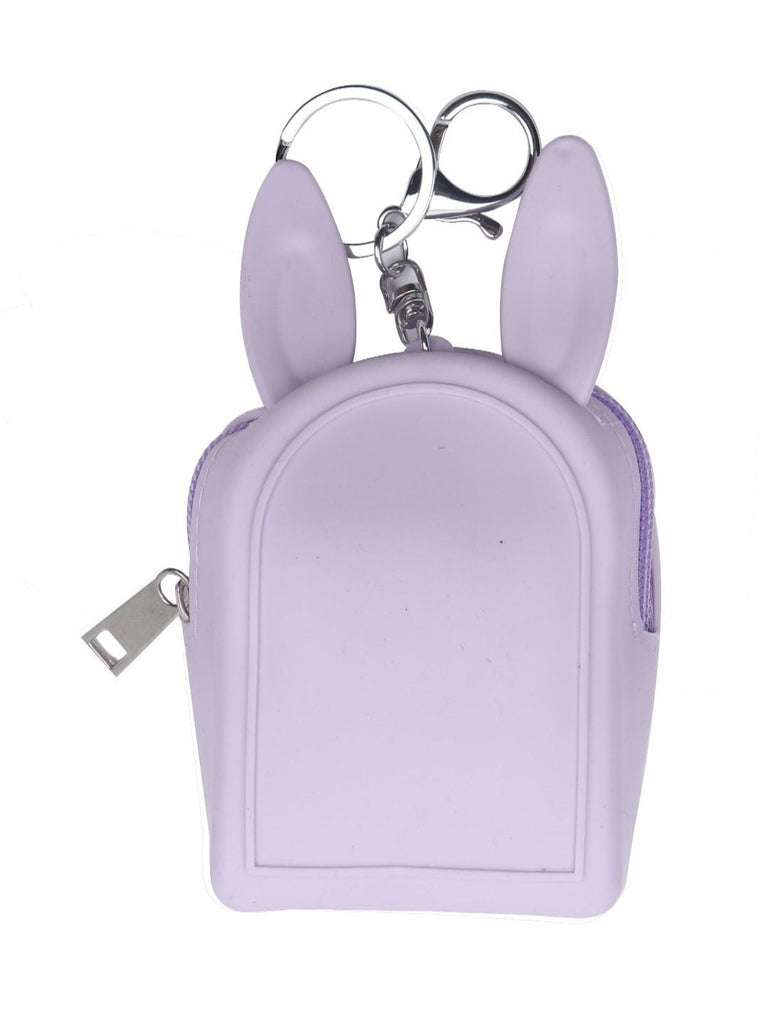 Back view of Lilac Bunny-Eared Coin Pouch with a cute doll and candy design, featuring a keychain attachment.