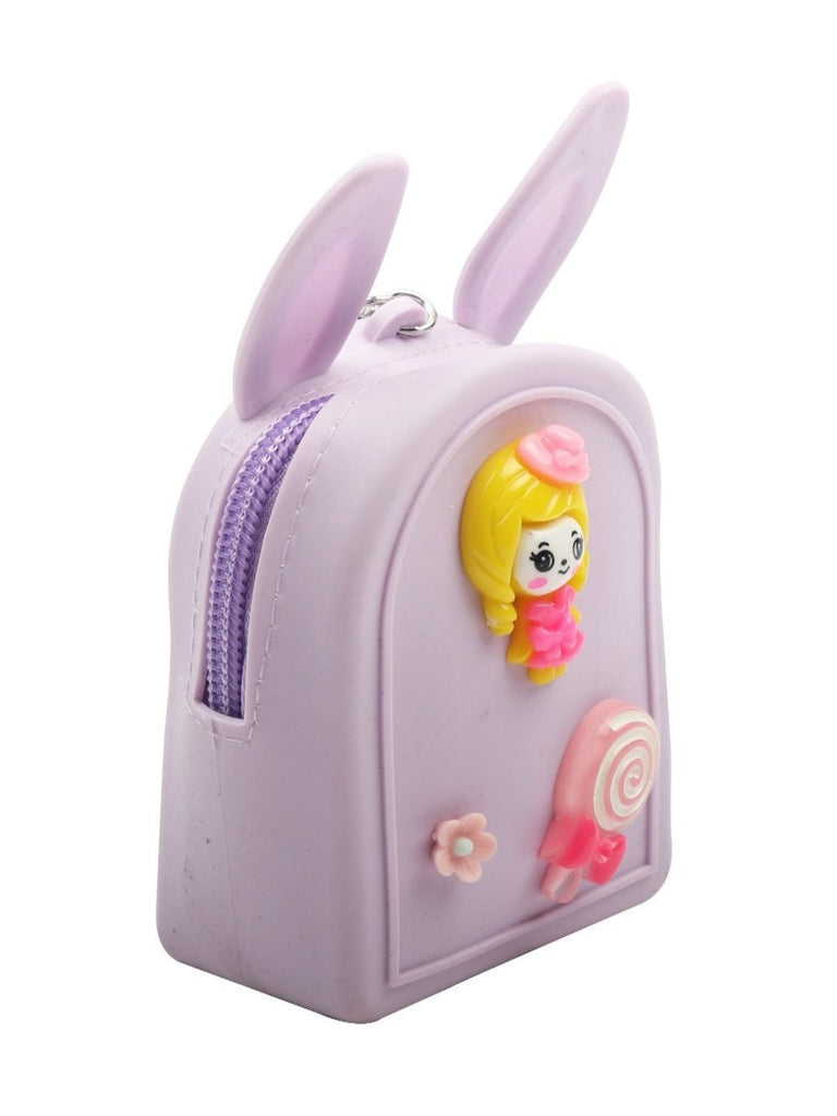 Full view of Lilac Bunny-Eared Coin Pouch with bunny ears, featuring a doll and candy design.