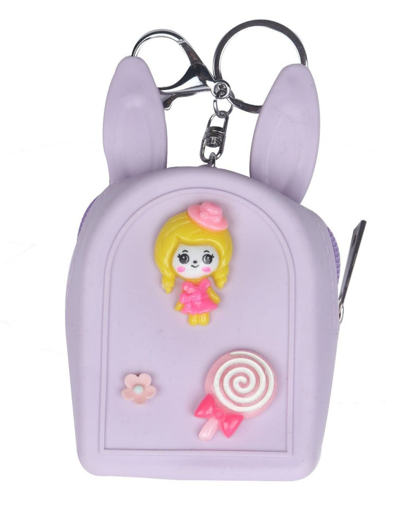 Full view of Lilac Bunny-Eared Coin Pouch with bunny ears, featuring a doll and candy design.