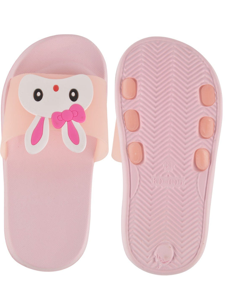 front and back view of Bunny Face Slides for Girls in Peach featuring an EVA design and bunny face theme.