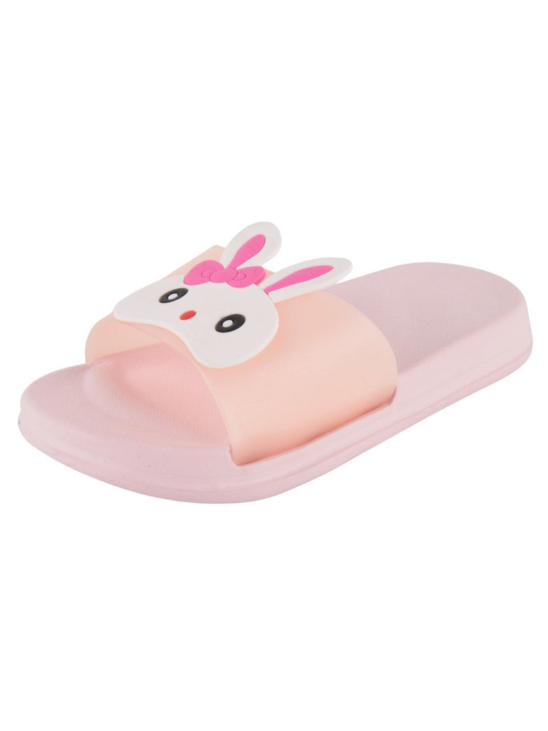 Angle view of Bunny Face Slides for Girls in Peach featuring an EVA design and bunny face theme.