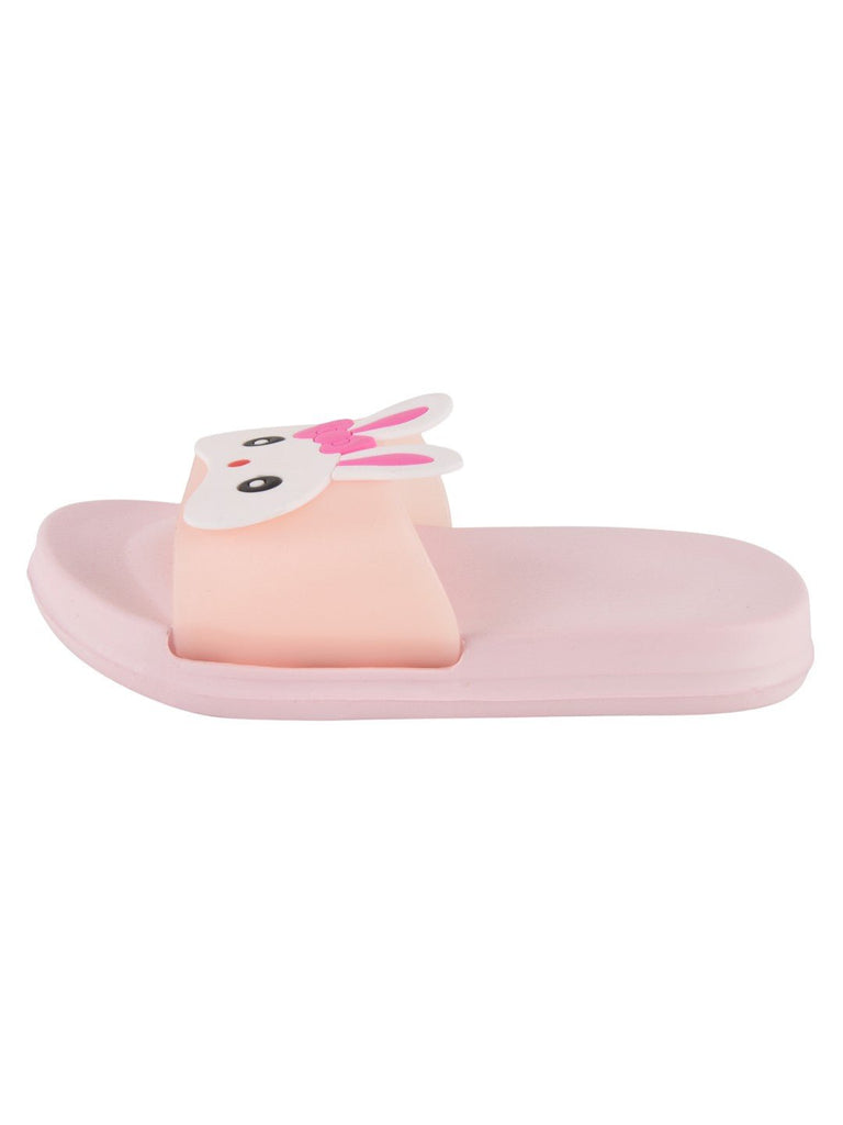 side view of Bunny Face Slides for Girls in Peach featuring an EVA design and bunny face theme.