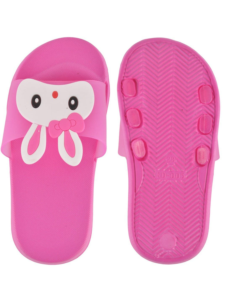 front and back view of pink Bunny Face Slides for Girls displayed on a pastel background.