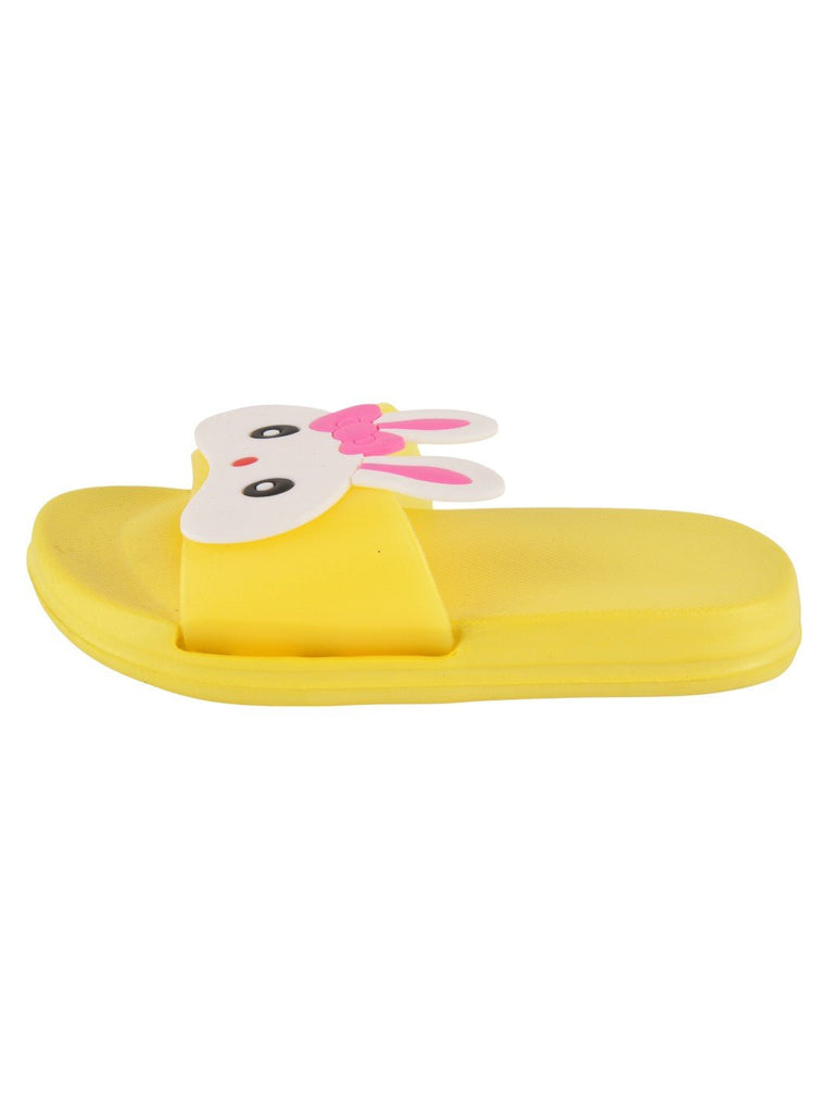 side view of yellow Bunny Face Slides for Girls displayed on a neutral background.