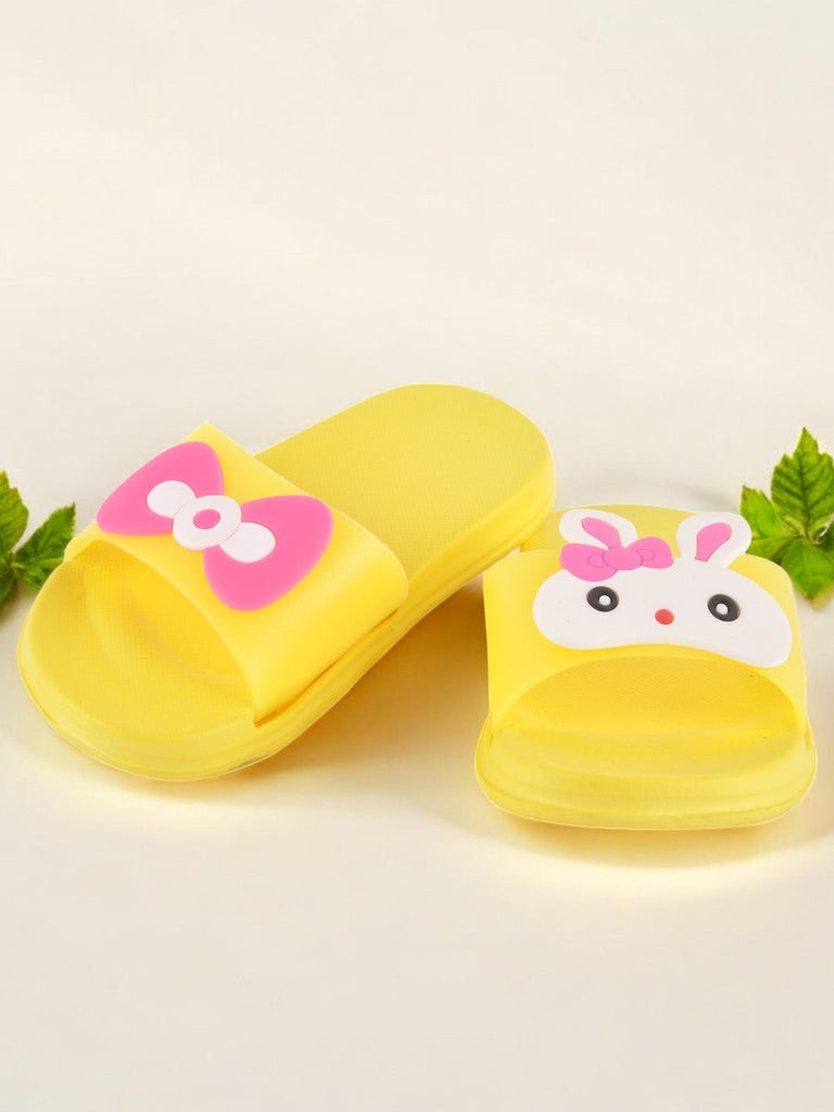 Creative view of yellow Bunny Face Slides for Girls displayed on a neutral background.