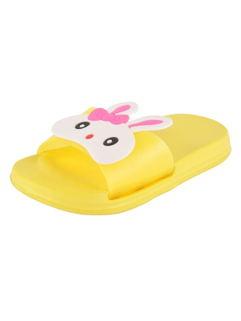 angle view of yellow Bunny Face Slides for Girls displayed on a neutral background.