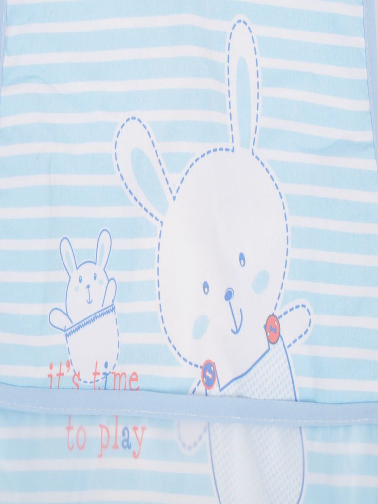 Close up of the Yellow Bee Bunny Bib with Crumb Collector, featuring a cute bunny design.