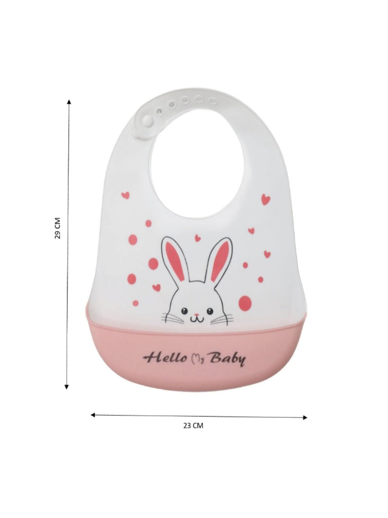 Size dimensions of the Bunny Love Hearts Silicone Baby Bib for Girls by Yellow Bee.