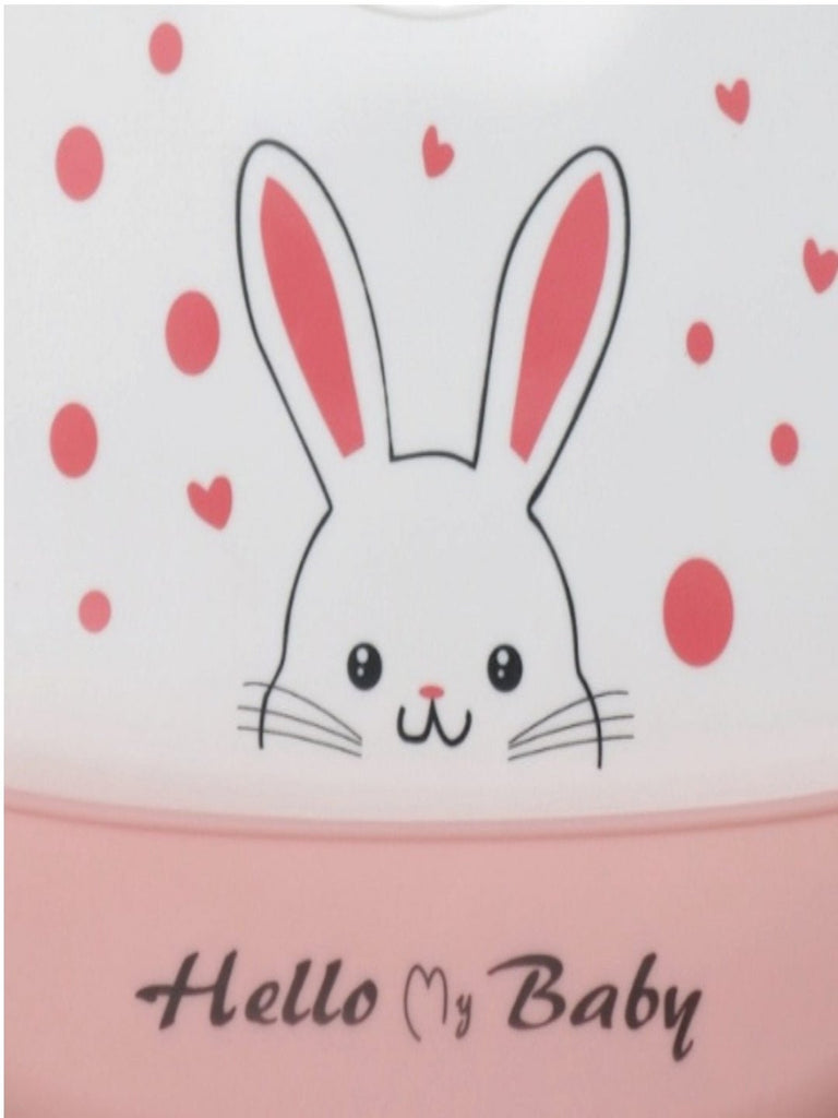 Close-up view of the bunny and hearts design on the Bunny Love Hearts Silicone Baby Bib.