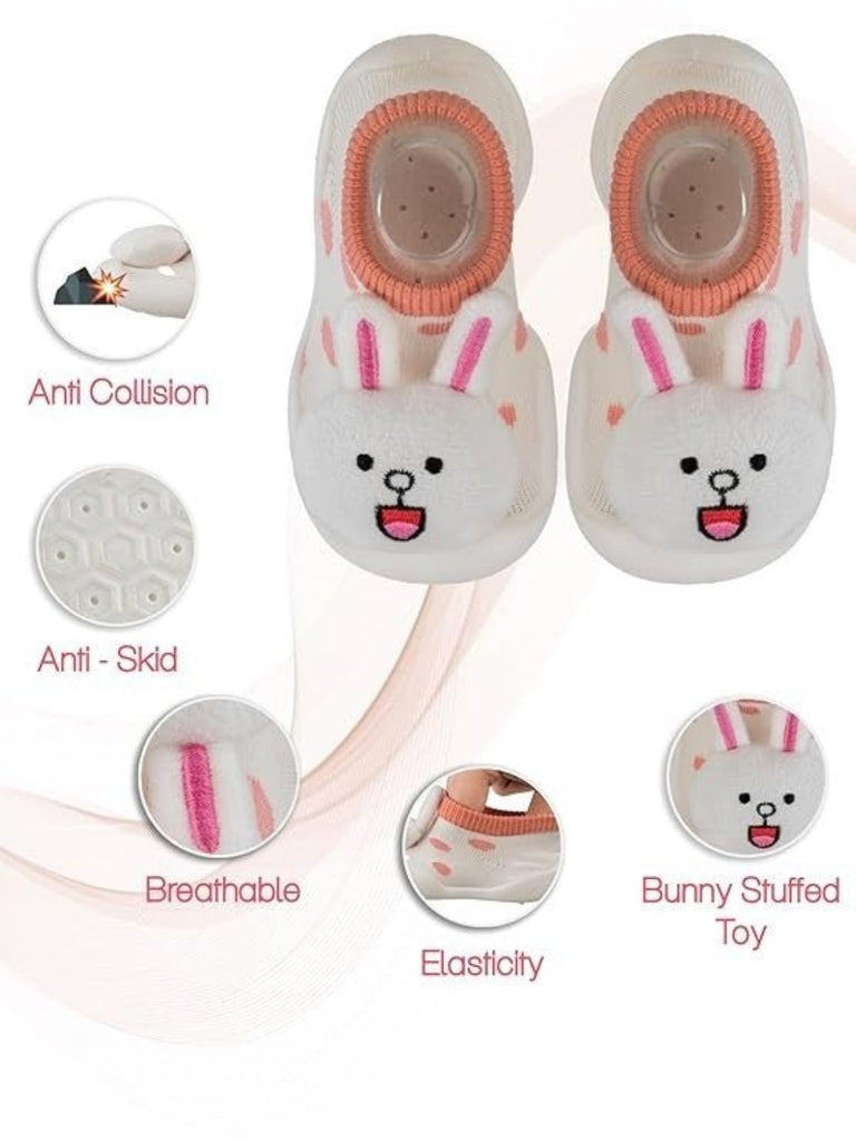 Detailed view of Yellow Bee Bunny Stuffed Toy Anti-Skid Rubber Sole Shoe Socks for Girls.