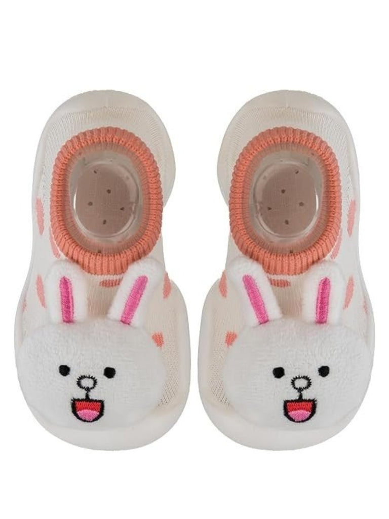 Top view of Yellow Bee Bunny Stuffed Toy Anti-Skid Rubber Sole Shoe Socks for Girls.