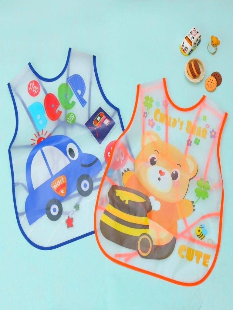 Detailed view of the size and design features of Yellow Bee's Busy Beep and Honey Bear baby bib for boys.