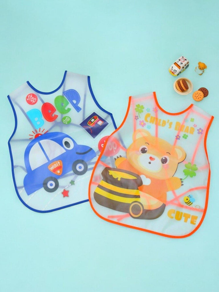 Detailed view of the size and design features of Yellow Bee's Busy Beep and Honey Bear baby bib for boys.