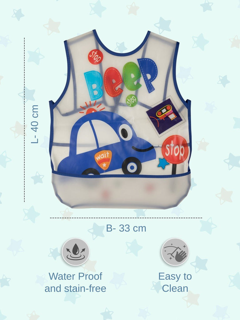 Display of the playful car and teddy bear design on Yellow Bee's waterproof bib for boys.