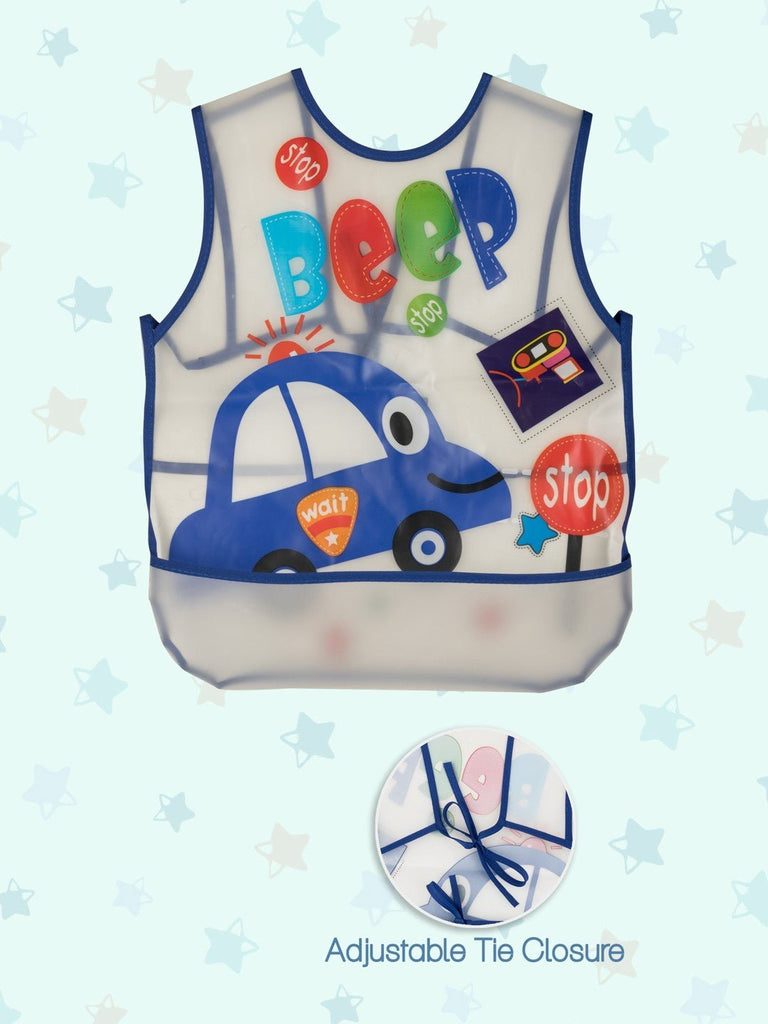 Close-up view showing the detail of the Busy Beep and Honey Bear design on a waterproof bib for boys.