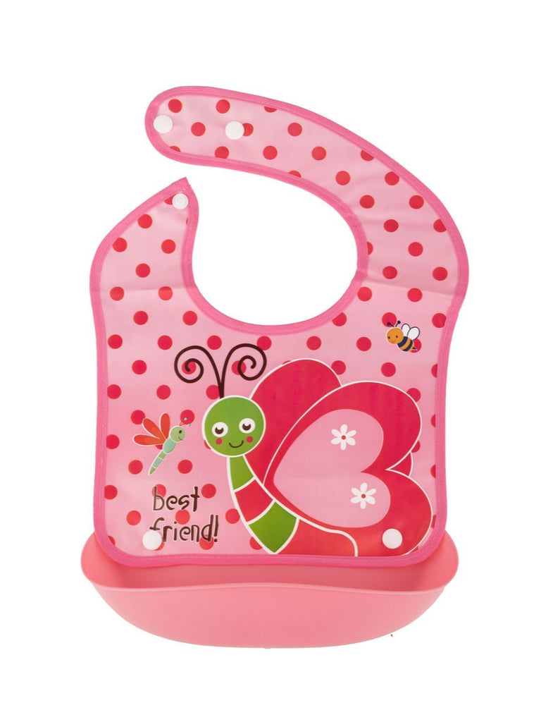 Full View of Butterfly Best Friend Baby Bib with Polka Dot Design and Catch Pocket